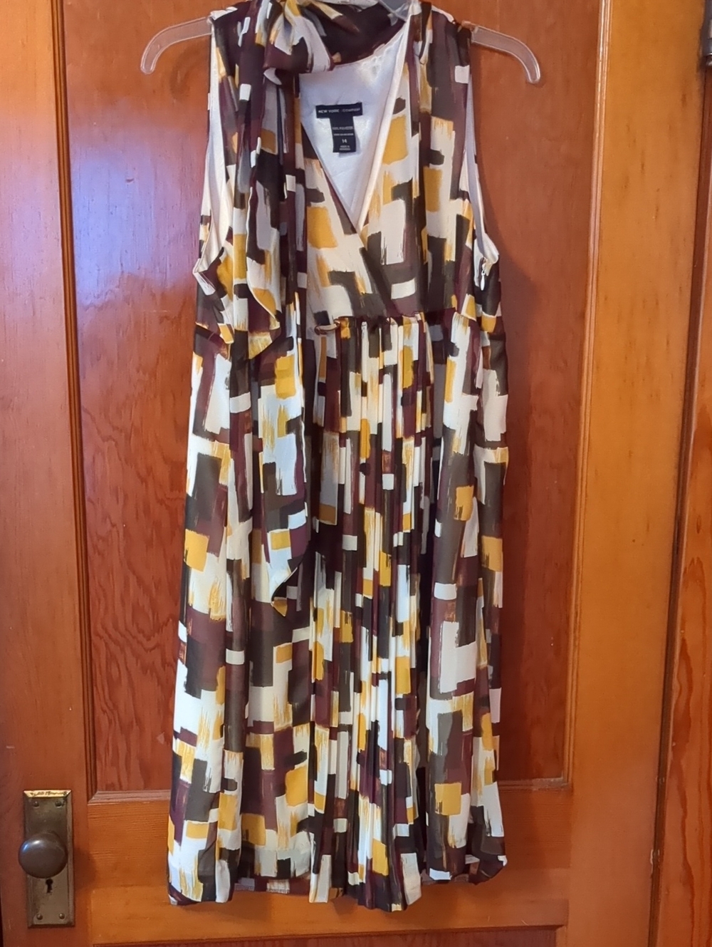 New York & Company Brown, Mustard & Cream Pleated Midi Dress